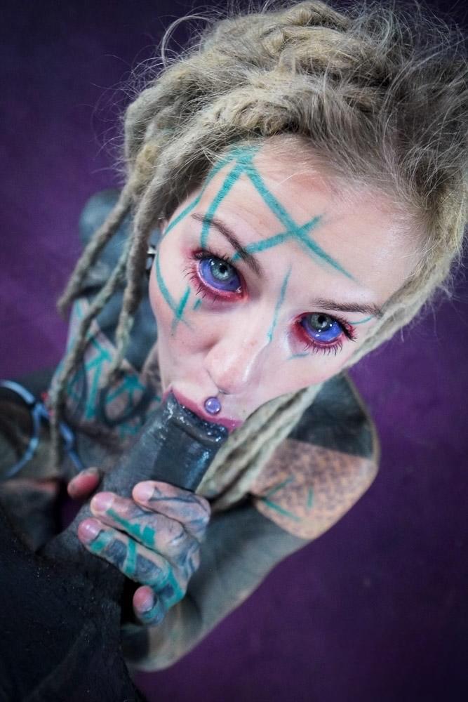 Porn Photo - Tattooed slut fingers asshole, sucks cock