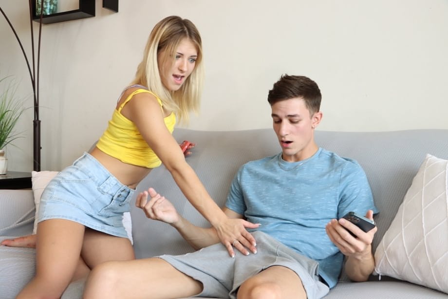 Fucking on the sofa, blonde Emma Bugg takes cock