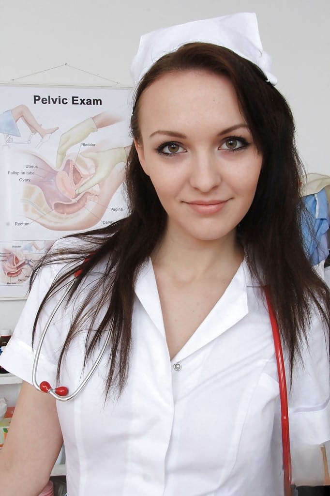 Fuck nurse Belle spreads lips and pink pussy