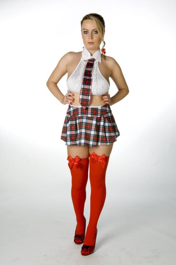 Big tits out, plaid skirt MILF Alexis May spreads pussy wide