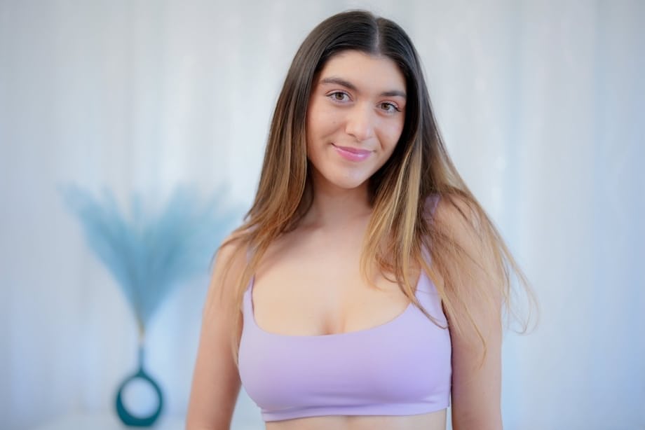 Aubry Babcock spreads her hot pussy, then takes a huge cock