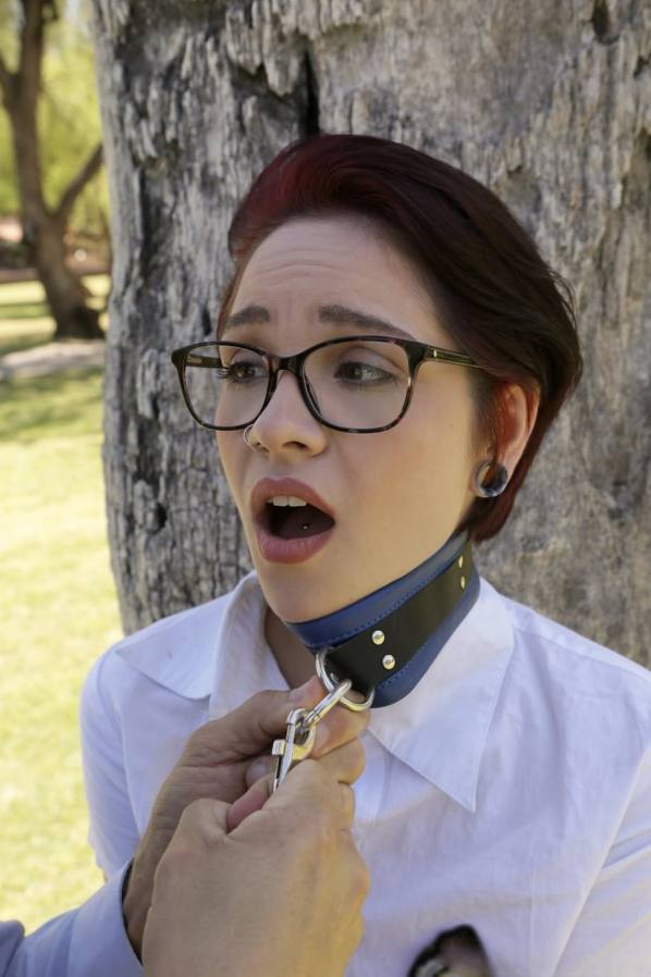 Uniform slut on leash gets spanked then fucked hard
