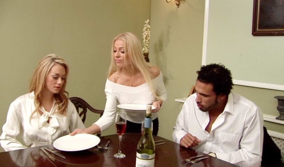 Two randy MILFs flash tits, then take hard cock