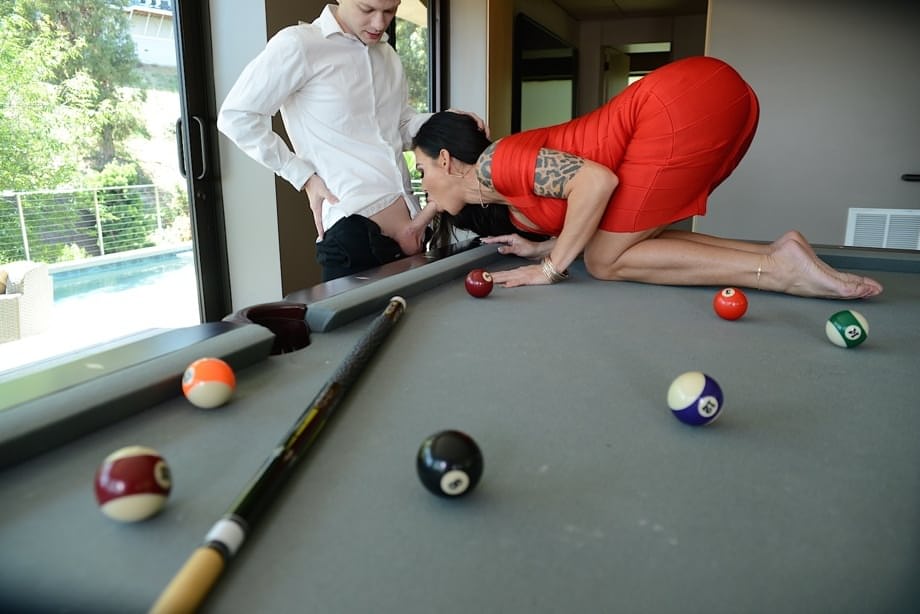 Melissa Lynn sucks cock, big tits out for billiard fuck