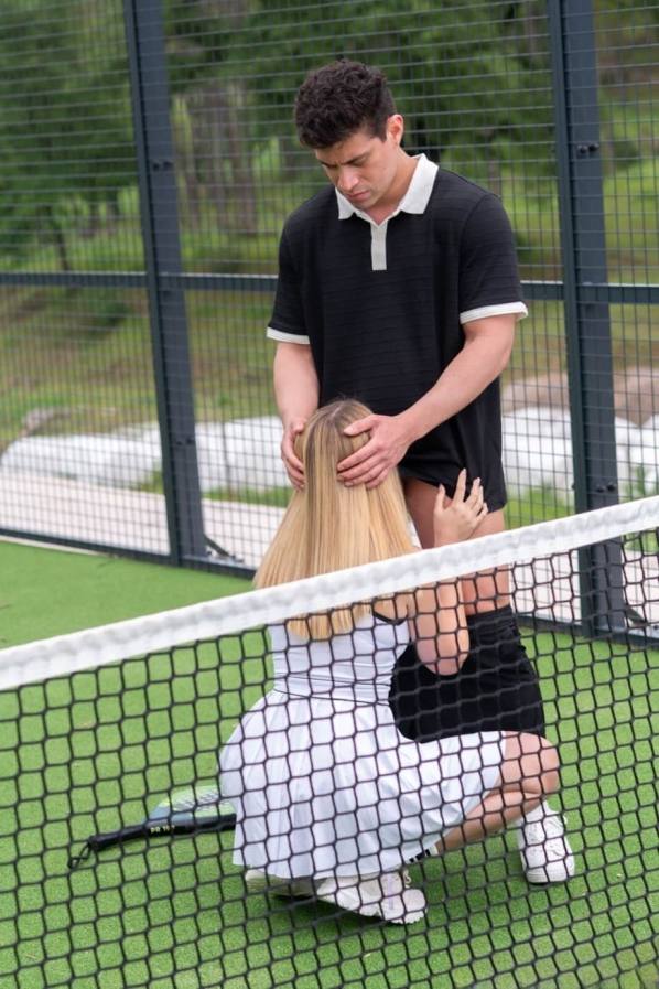 Sweaty on court, she takes his cock deep after the match
