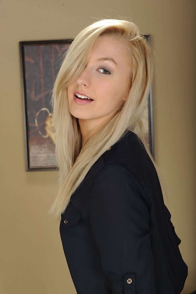 Blonde first timer Alexa Grace bares her small breasts on camera