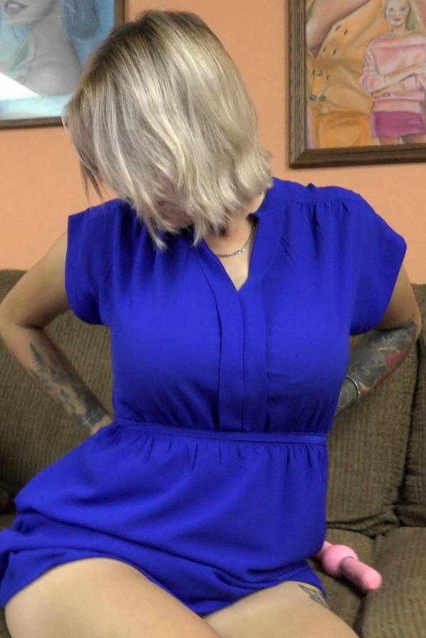Tina Ray moans, spreading for toy play on couch