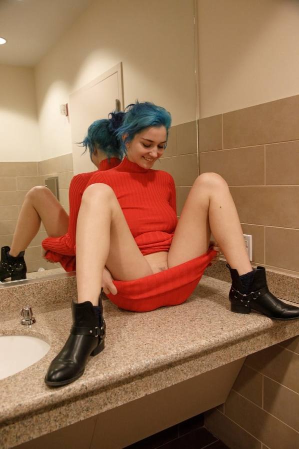 Skye Blue shows pussy under red dress and boots