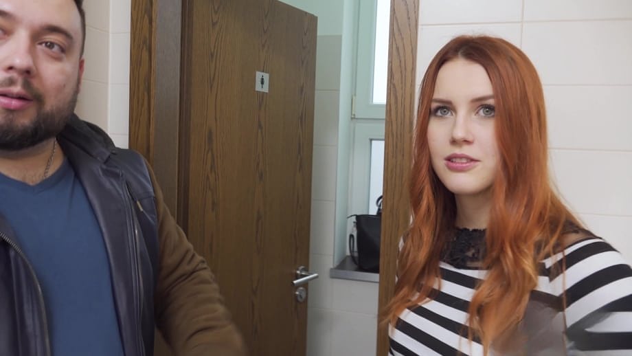 Public toilet fuck with redhead blowing a fat cock