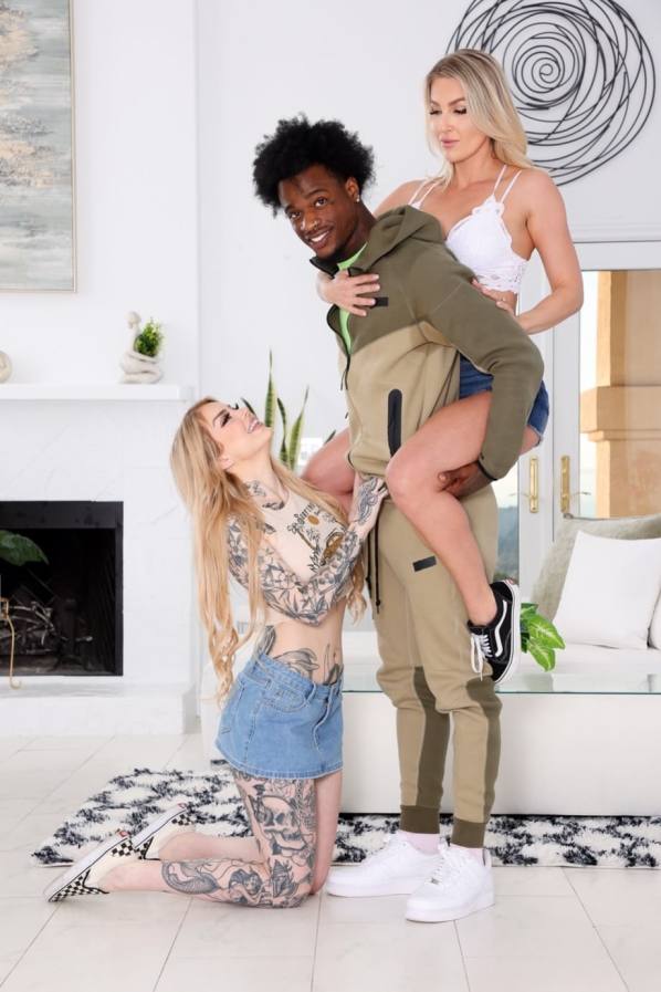 Two blonde sluts share one big black cock in FFM