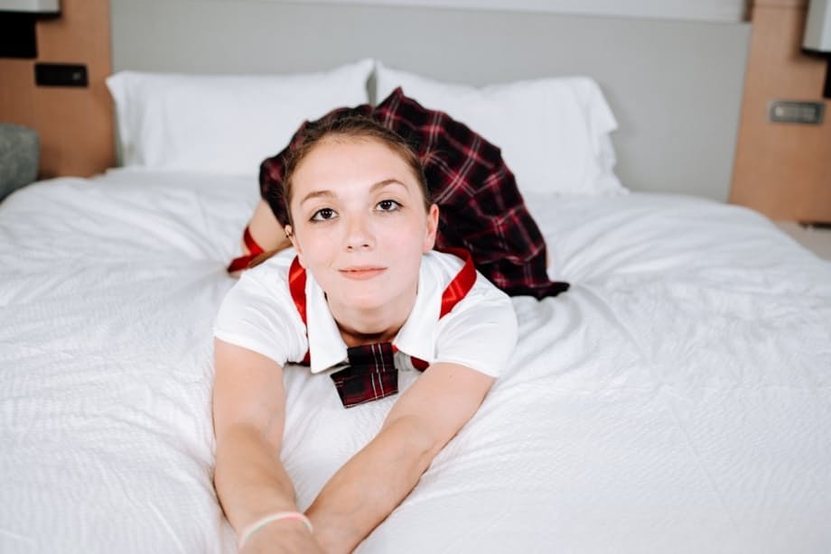 Mira Monroe strips uniform, knee socks